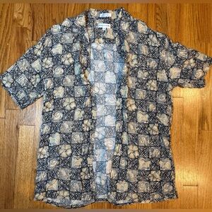 Vintage Pierre Cardin Black and Cream Hawaiian Patterned button down shirt